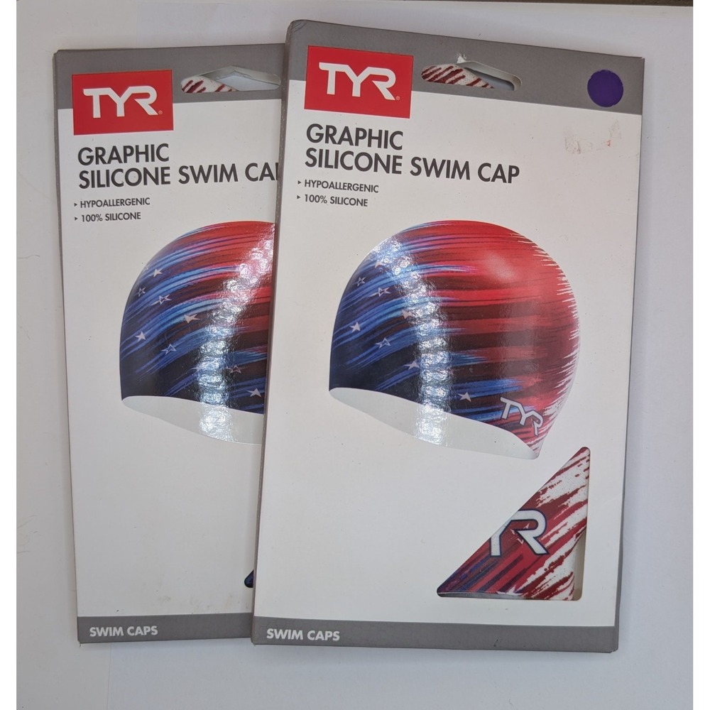 2pk New TYR USA Silicone Swim Cap Hypoallergenic Red White Blue